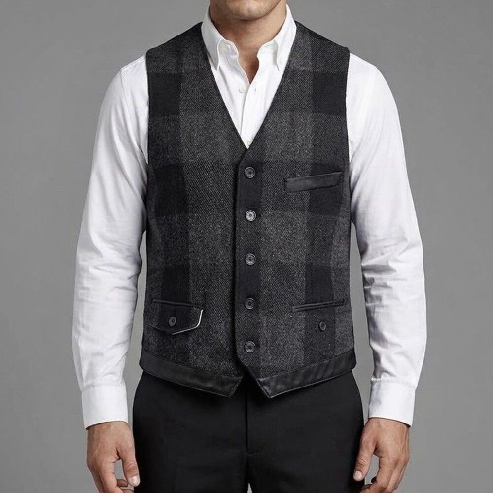 DKNY Jeans Mens Large Charcoal Gray Plaid Tweed Wool Blend Suit Vest Waistcoat